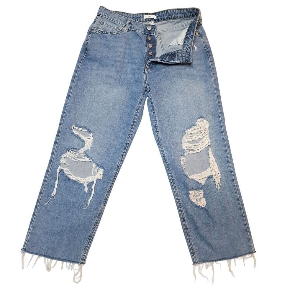 Forever 21‎ Jeans Womens 29 Button Fly Destroyed Raw Hem Mom Jeans High Rise